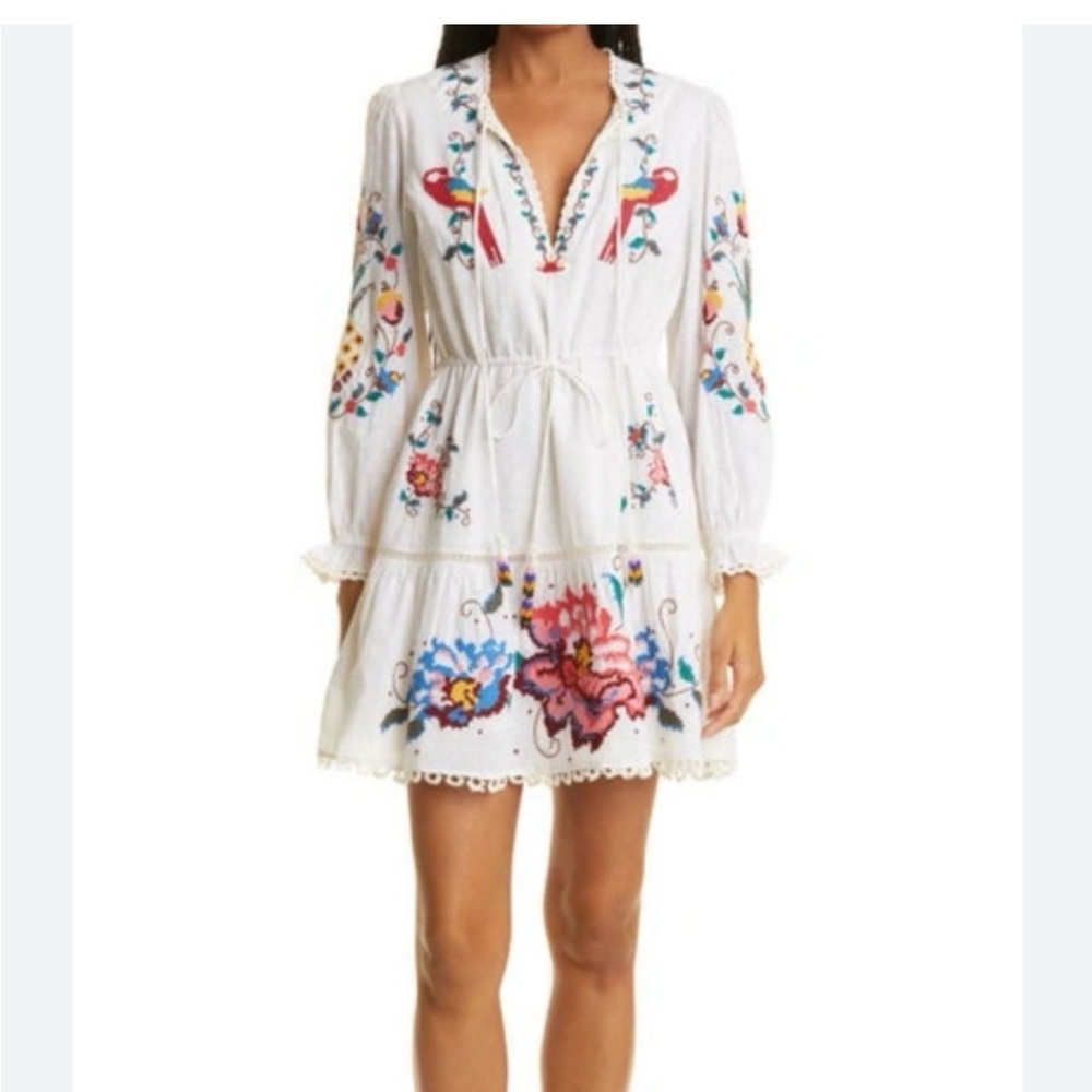 Farm Rio Macaw Cross Stitch Embroidered White Mini Dress- Size Small